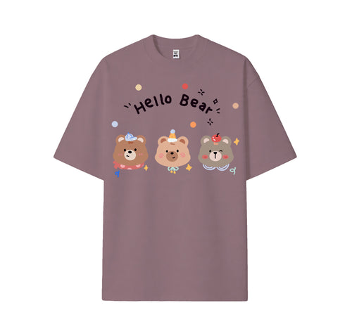 Three cute bear head print short-sleeved shirt, casual and brightly colored pure cotton shirt for summer.