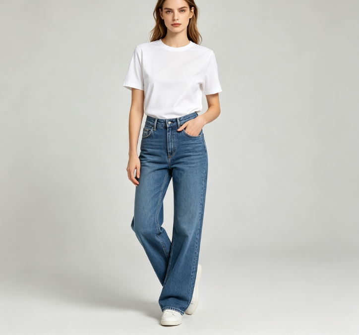 Tenue Casual Complète Femme, T-shirt Basique + Jean Droit Confortable