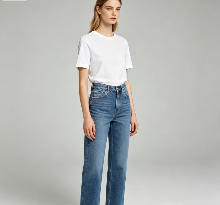 Tenue Casual Complète Femme, T-shirt Basique + Jean Droit Confortable